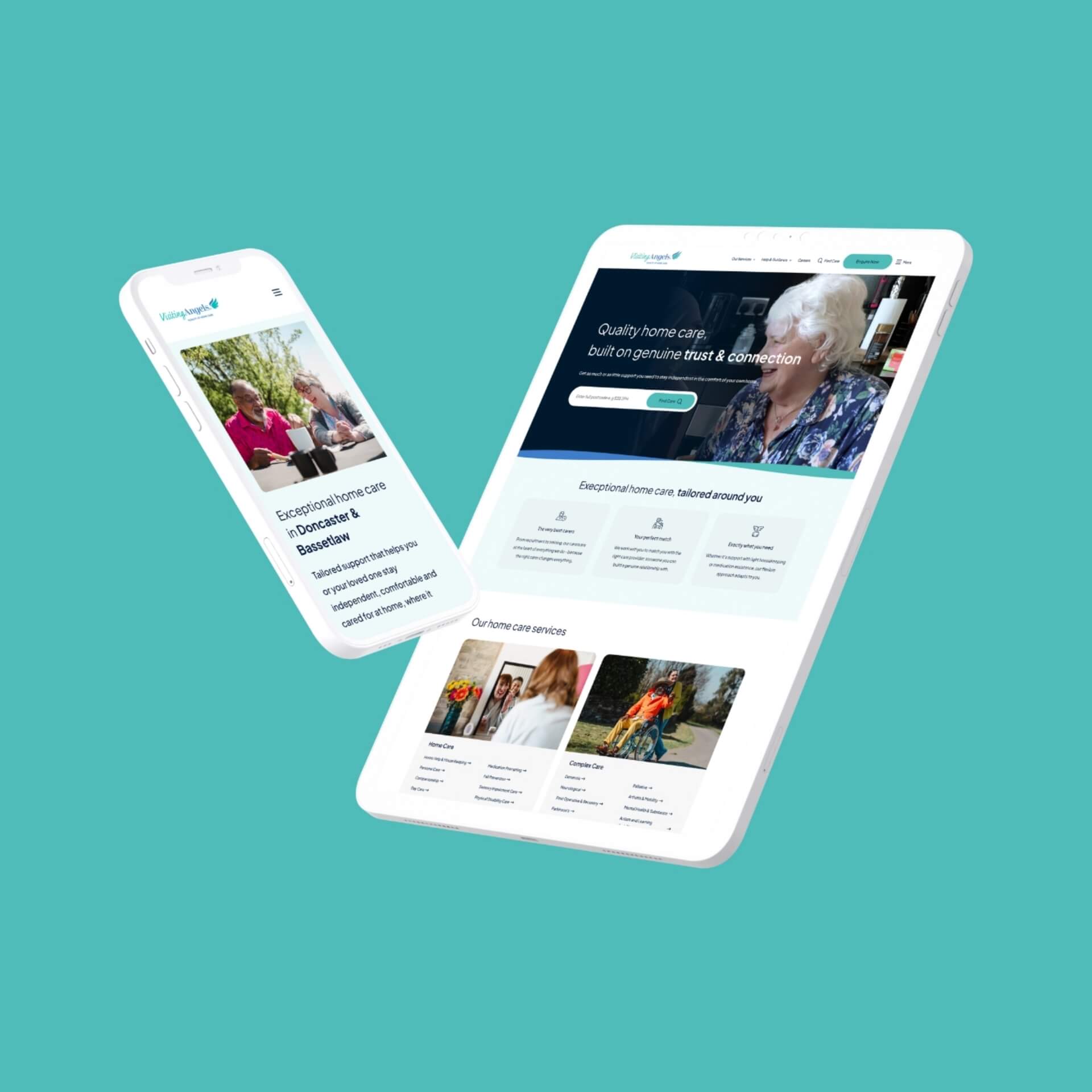 Visiting Angels website mocked up on a tablet and mobile device