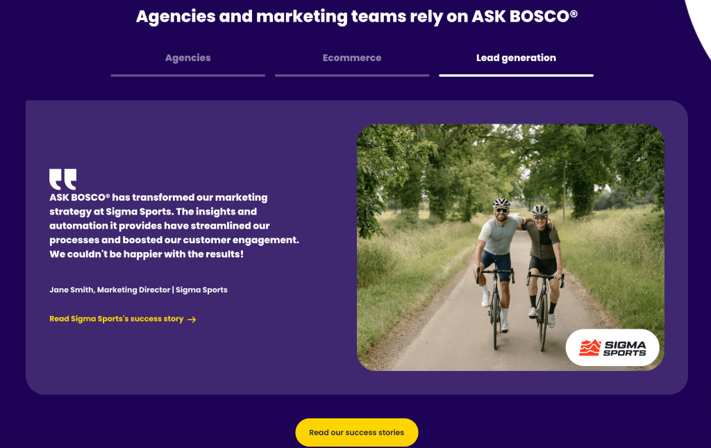 A screenshot showing a tabbed view of testimonials on the ASK BOSCO website