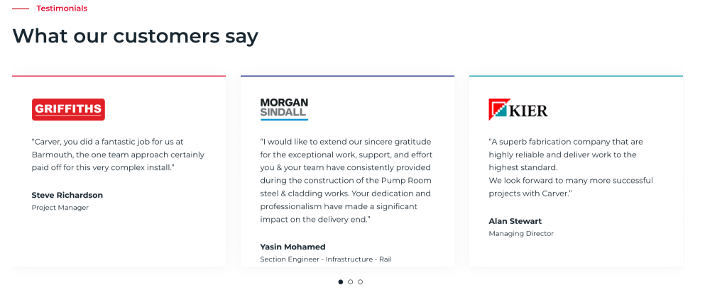 a screenshot showing three written customer testimonials for Carver Engineering