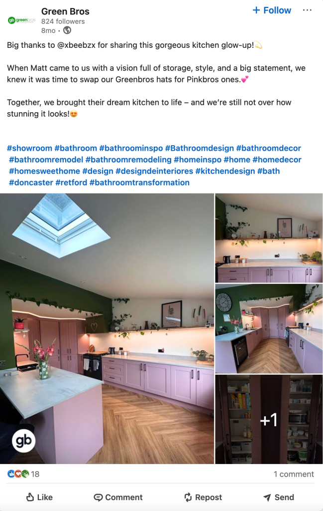 a LinkedIn post from Green Bros showing what a customer testimonial looks like on social media, featuring a customer image of their new kitchen installed by the team