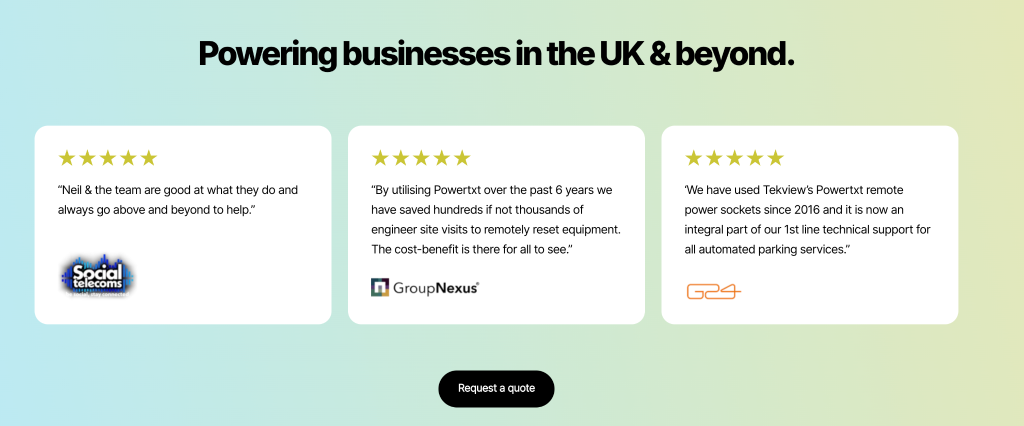 A screenshot showing how three customer testimonials appear on the Tekview website